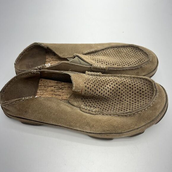 Olukai Moloa Kohana Men's Suede Casual Slip On Shoes Loafers 9 Perforated Tan - Picture 2 of 7